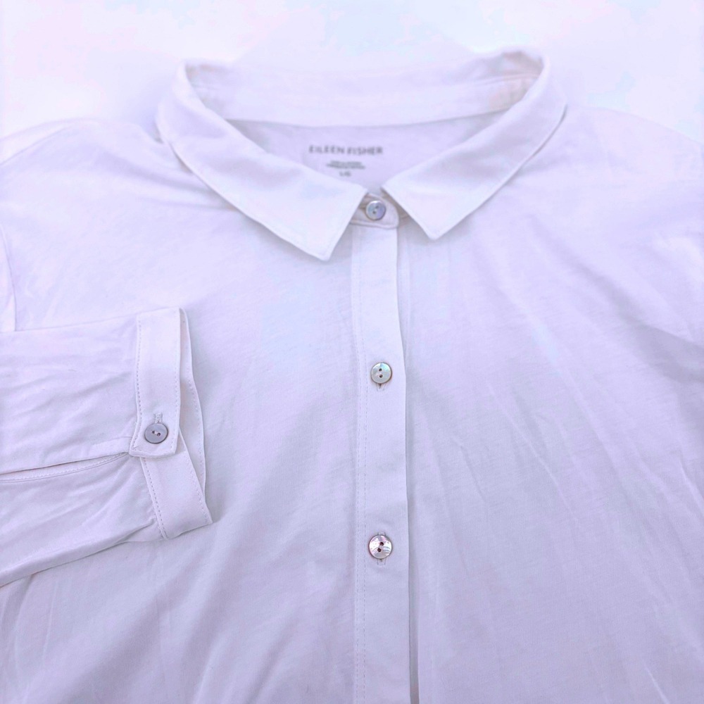 Eileen Fisher White Organic Cotton Jersey Button Down Shirt Large L Long Sleeve